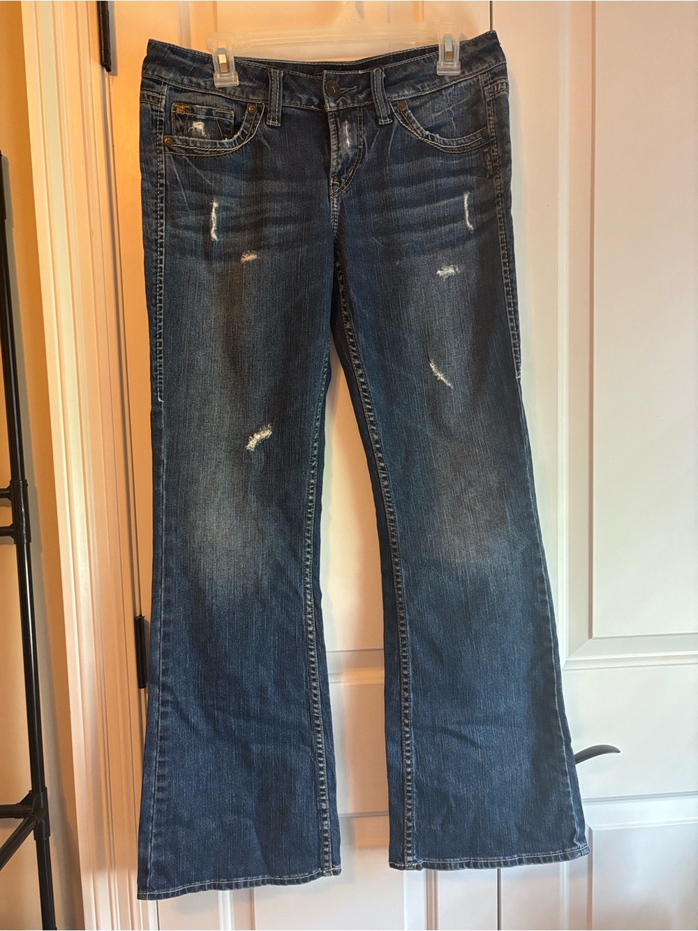 Silver Jeans Dark Blue Flare Jeans with Distressed Details